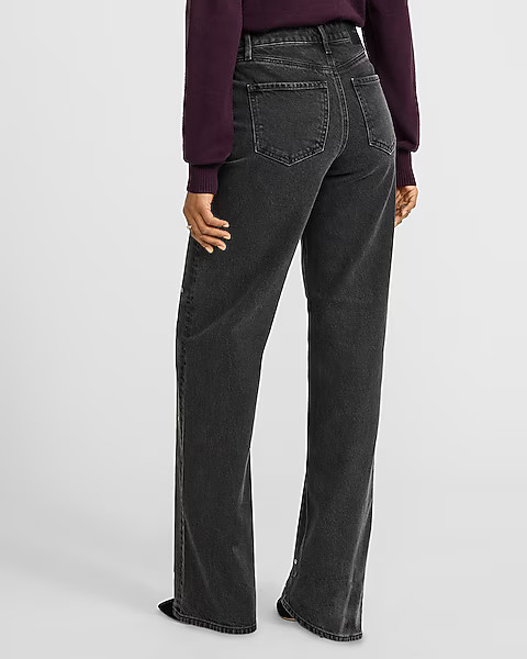 High Waisted Black Wash Silver Studded Relaxed Straight Jeans | Express