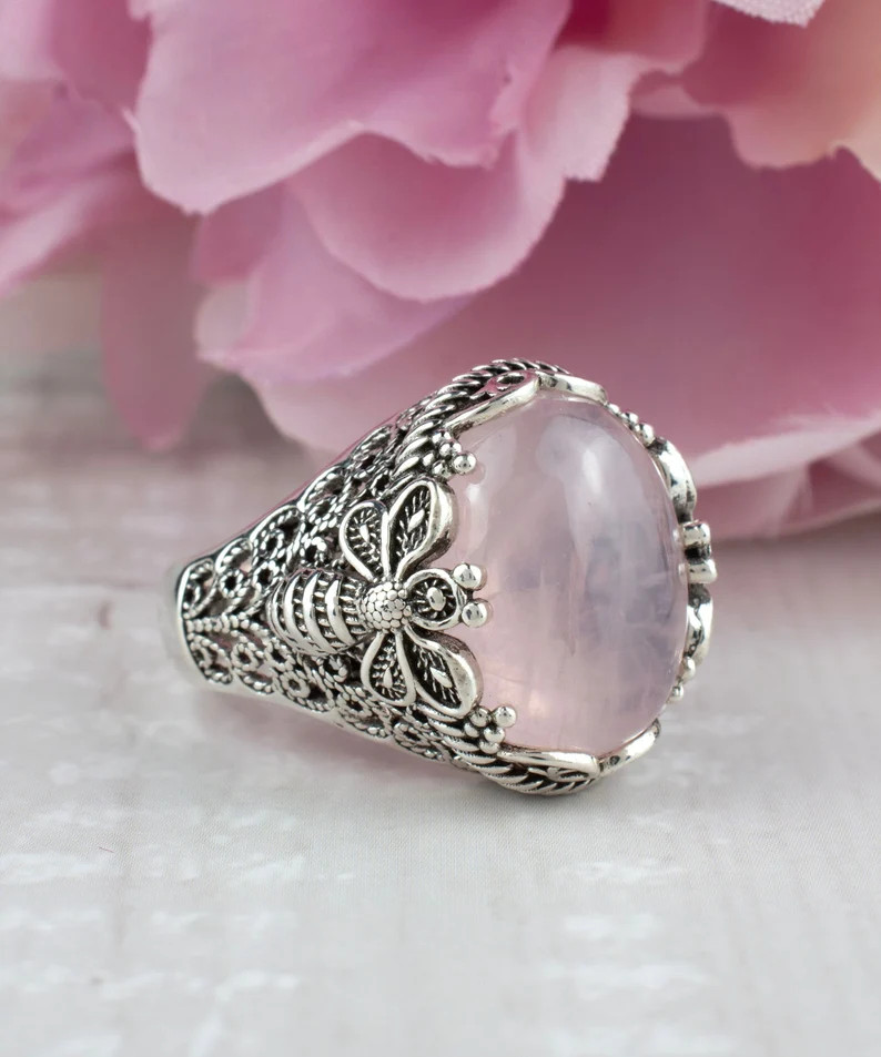 925 Sterling Silver Rose Quartz Gemstone Bee Detailed Women Cocktail Ring, Solid Silver Handcraft... | Etsy (Global)