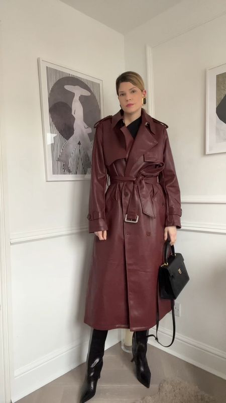 Chic outfit, faux leather trench, burgundy trench, leather mini skirt, launer bag, cherry red coat, cherry red 

#LTKover40 #LTKeurope #LTKVideo