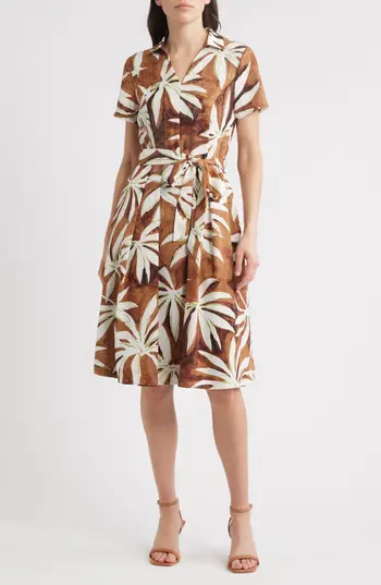 Tahari ASL Palm Print Short Sleeve Shirtdress in Bark Palm at Nordstrom Rack, Size 14 | Nordstrom Rack