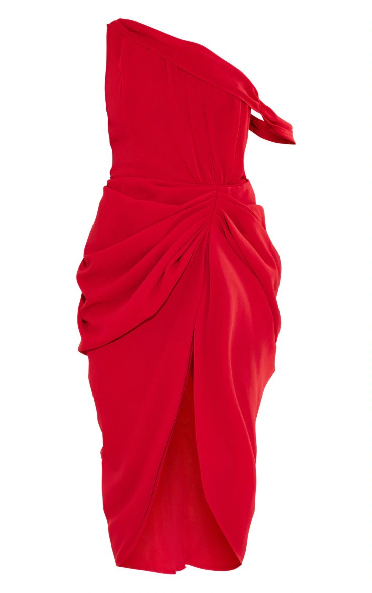 Red Chiffon Asymmetric Strap Draped Midi Dress | PrettyLittleThing US