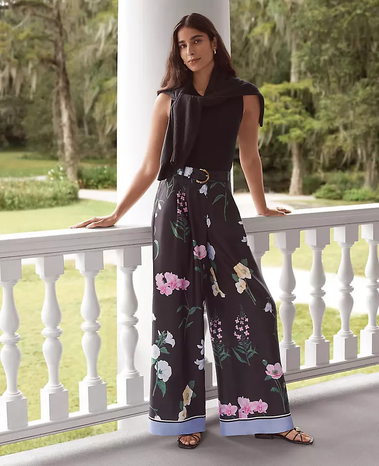 The Floral Pleated Wide-Leg Pant in Satin | Ann Taylor