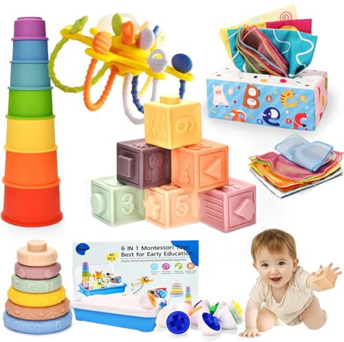 Baby Toys 6-12 Months,Montessori Toys for 6-9-12 Month old,6-in-1 Sensory Toys Stacking Cups Building Blocks,Teething Pull String,Tissue Box Toys for Babies 6-9-12,18-24 Months,1-3 Year old Baby Gifts | Amazon (US)