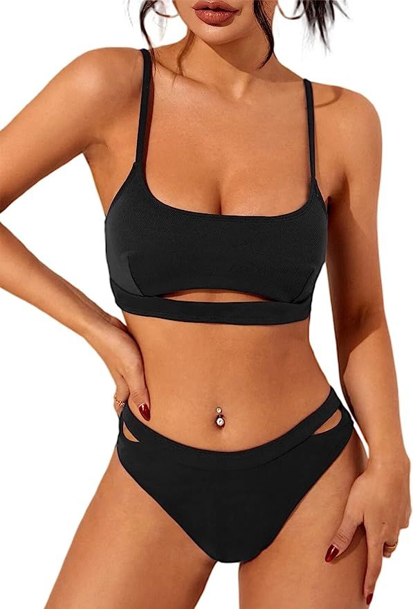 HaiiMeid Women's Bikini Sets Crop Top Swimsuit Cut Out Two Piece Cheeky High Waisted Bathing Suit... | Amazon (US)