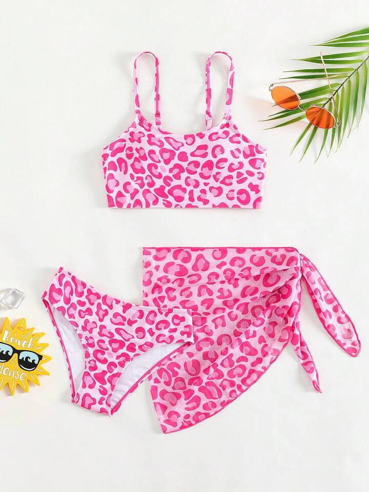 Tween Girl Allover Print Bikini Swimsuit With Beach Skirt | SHEIN