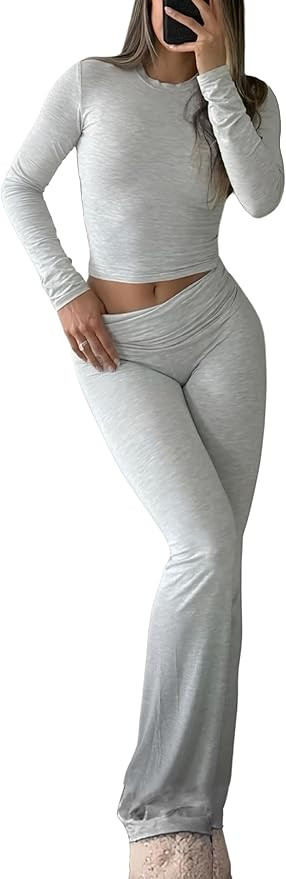 YETOWA Y2K 2 Piece Outfits Tummy Control Long Sleeve Crop Top High Waisted Flare Pants Soft Knit ... | Amazon (US)