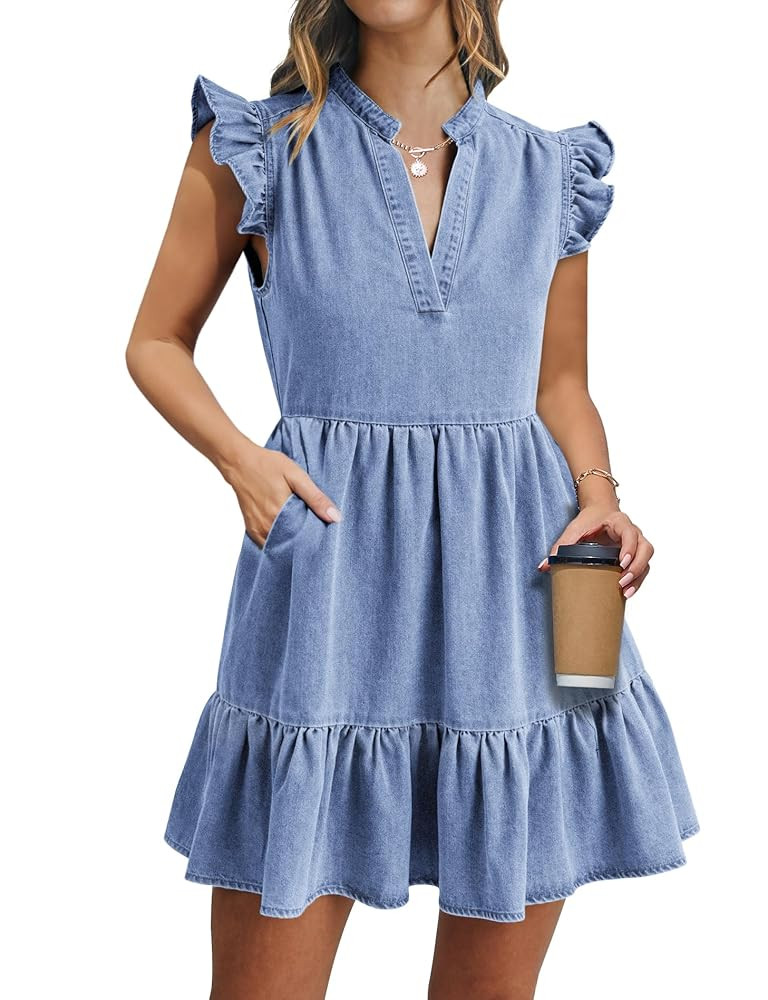 Denim Dress for Women Ruffle Short Sleeve V Neck Jean Mini Dress with Pockets | Amazon (US)