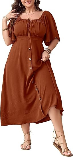SHESTARR Plus Size Summer Dress Short Sleeve Square Neck Tie Front Smocked Button Down Flowy A-li... | Amazon (US)