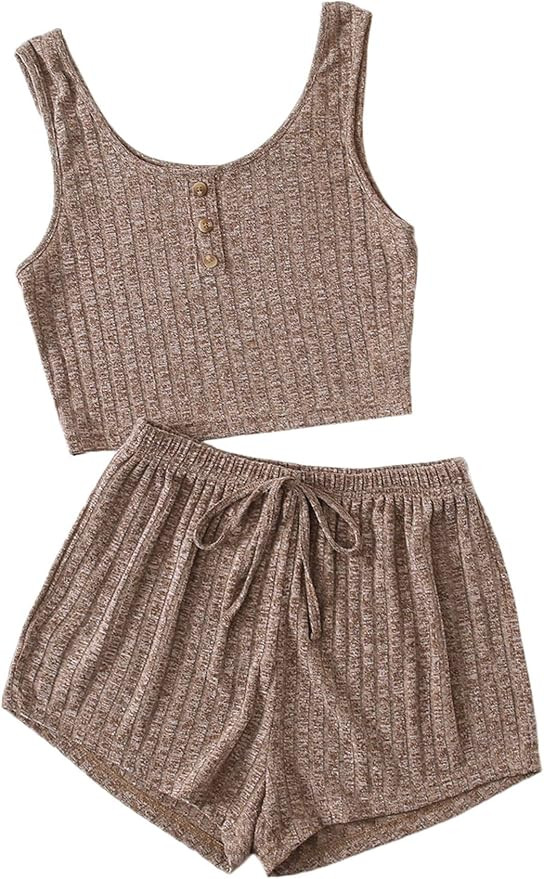 SweatyRocks Women's Button Front Rib Knit Sleepwear Tank Top and Shorts Pajama Sets | Amazon (US)