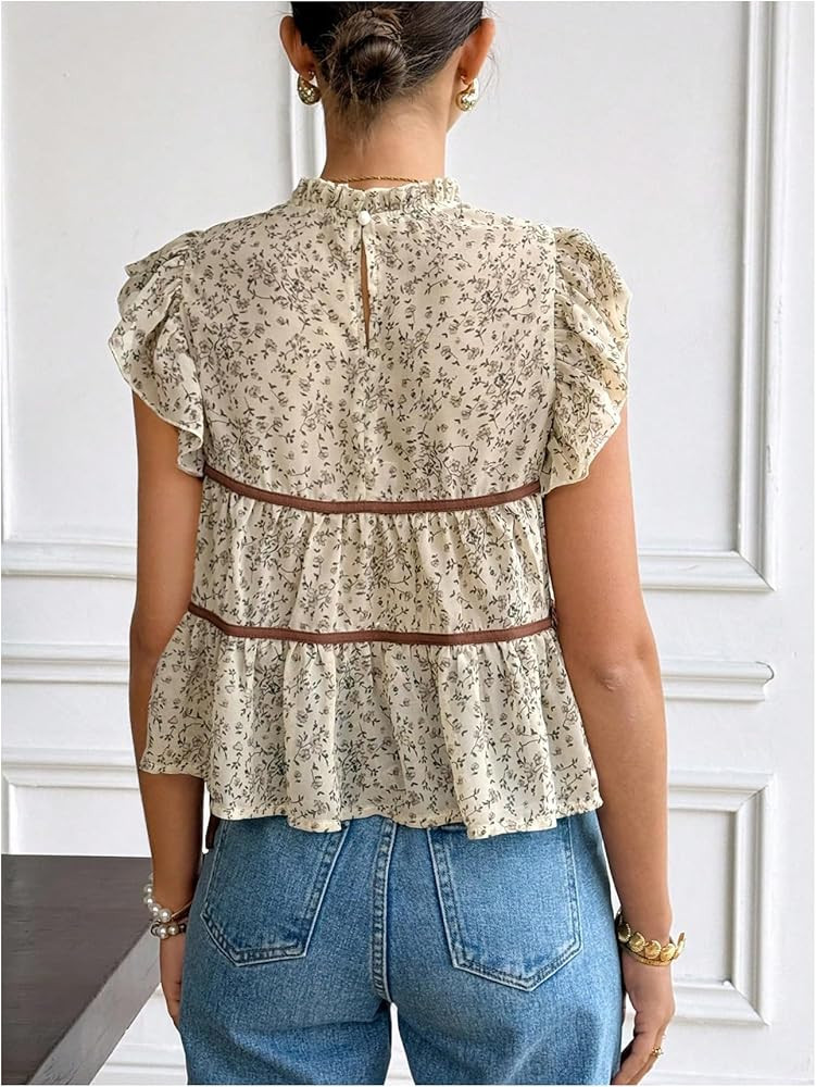 BEAUDRM Women's Floral Ruffle Blouse Tops Boho Ruffle Cap Sleeve Mock Neck Summer Casual Vacation... | Amazon (US)