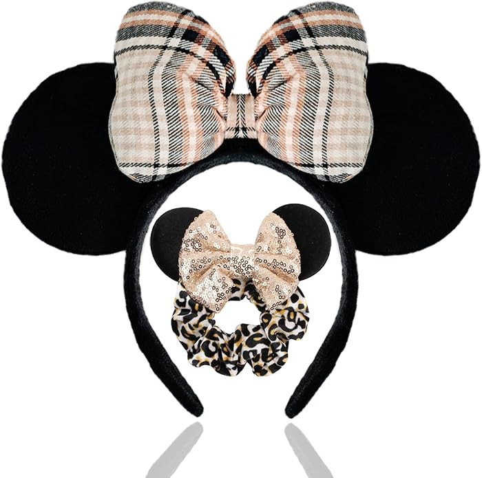 FACHPINT 1PCS 3D Check Brown Mouse Headband, 1PCS Leopard Mouse Ear Scrunchies for Theme Parks Ph... | Amazon (US)