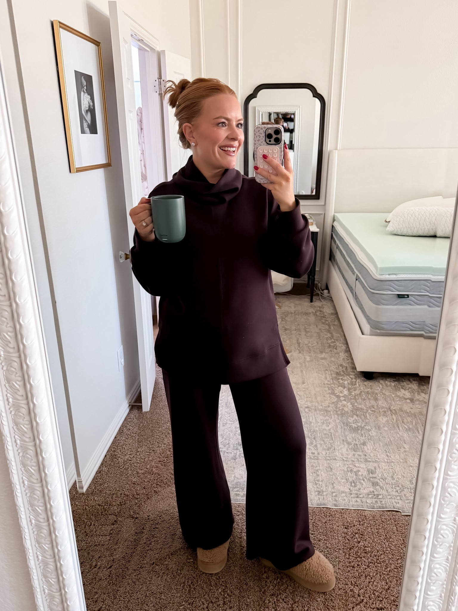 Sizing: medium top and bottom!

Cozy work-from-home outfit for busy moms ☕️
Sharing today’s comfy matching set that feels put together but still soft enough for mom life. Linking this lounge set, slippers, and my favorite morning mug on LTK!
Keywords: cozy outfit, WFH outfit, matching lounge set, mom style, comfy winter outfit, neutral slippers

#LTKActive #LTKmomlife #LTKootd