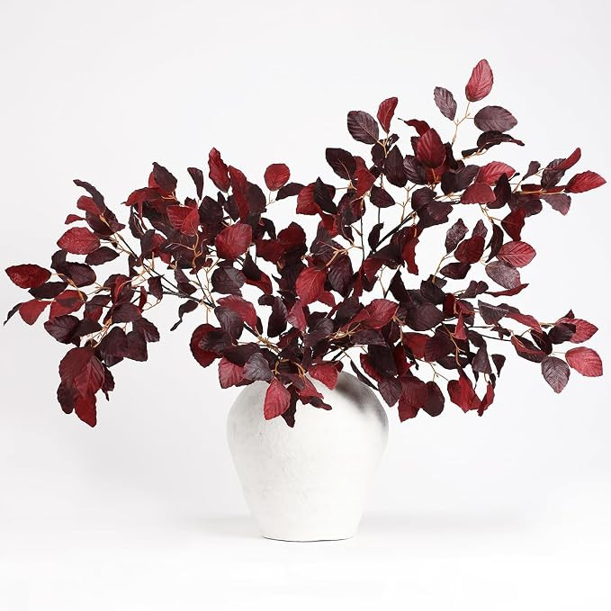 Mizii 5Pcs Burgundy Artificial Fagus Stems Silk Leaves 35“ Fake Green Plants Stem Greenery Bran... | Amazon (US)
