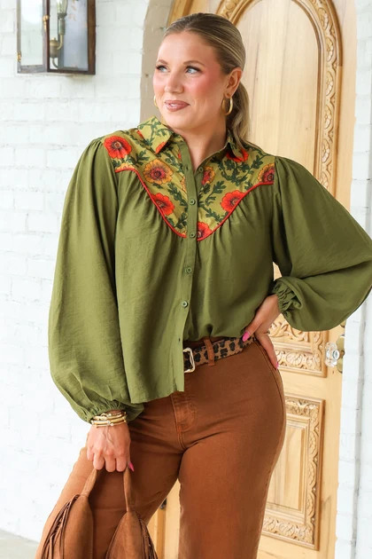 Flowery Olive Long Sleeve Blouse | The Willow Tree