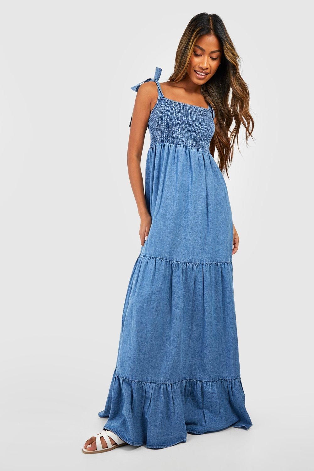 Womens Chambray Denim Tiered Maxi Dress - Blue - 8 | Boohoo.com (US & CA)