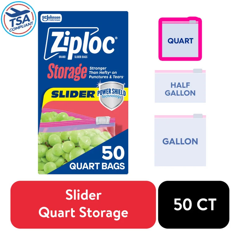 Ziploc Brand Slider Quart Food Storage Bags, School Supplies, with Power Shield Technology, Zippe... | Walmart (US)