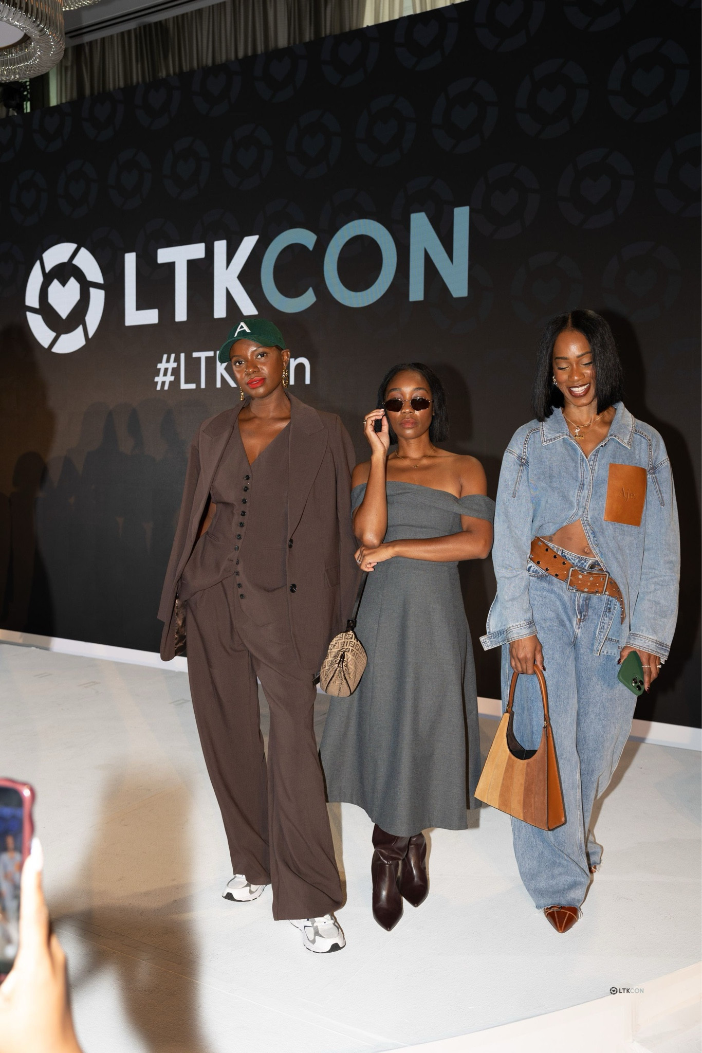 Our LTK con looks! Brandy is wearing chocolate brown suiting, Meghan is is wearing an oversized denim on denim look and shay is wearing an off the shoulder grey midi dress  

#LTKCon #LTKStyleTip #LTKWorkwear