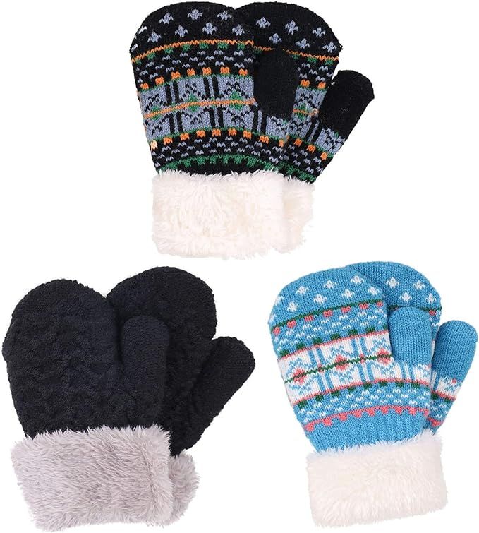 Arctic Paw 3 Pairs Kids' Sherpa Lined Knit Mittens Boys Girls Winter Gloves | Amazon (US)