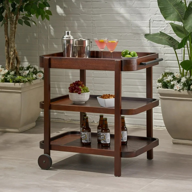 Sears Valley Outdoor Traditional Acacia Wood Bar Cart with 3 Shelves, Brown Mahogany - Walmart.co... | Walmart (US)