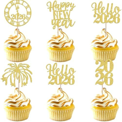 30 PCS Happy New Year 2026 Cupcake Toppers Glitter Cheers to 2026 Fireworks Clock Hello 2026 Cupc... | Amazon (US)