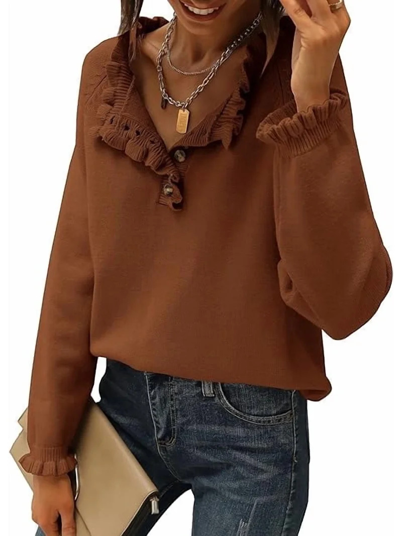 BTFBM Womens Sweaters Fall Winter Clothes Long Sleeve Button Down Ruffle Crew Neck Casual Knitted... | Walmart (US)