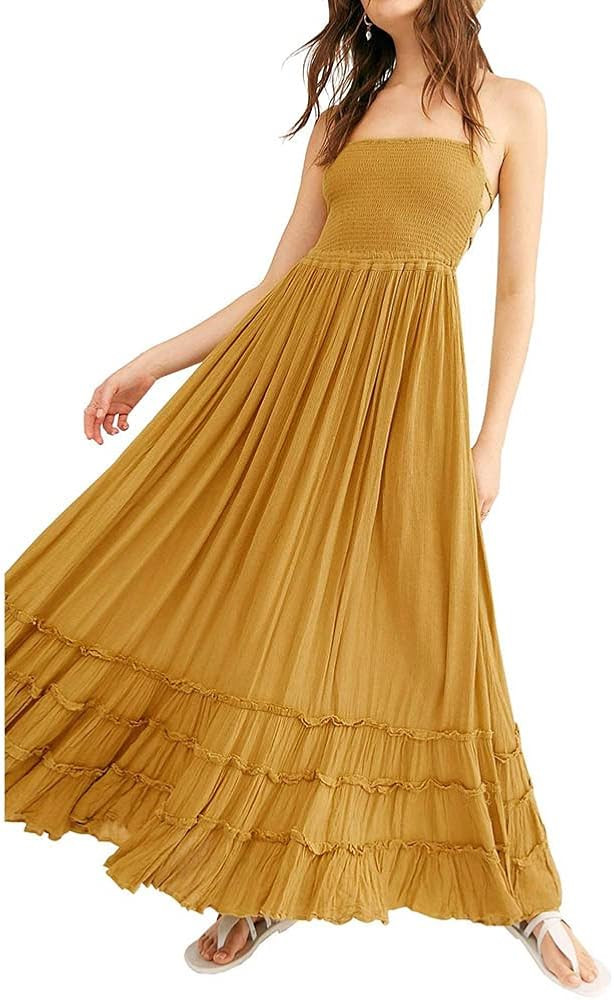 Women's Cotton Sexy Sleeveless Boho Beach Backless Long Bohemian Dress | Amazon (US)