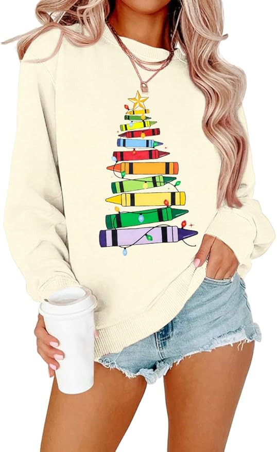 FAYALEQ Christmas Teacher Sweatshirt Women Christmas Tree Pullover Teacher Life Shirt Long Sleeve... | Amazon (US)