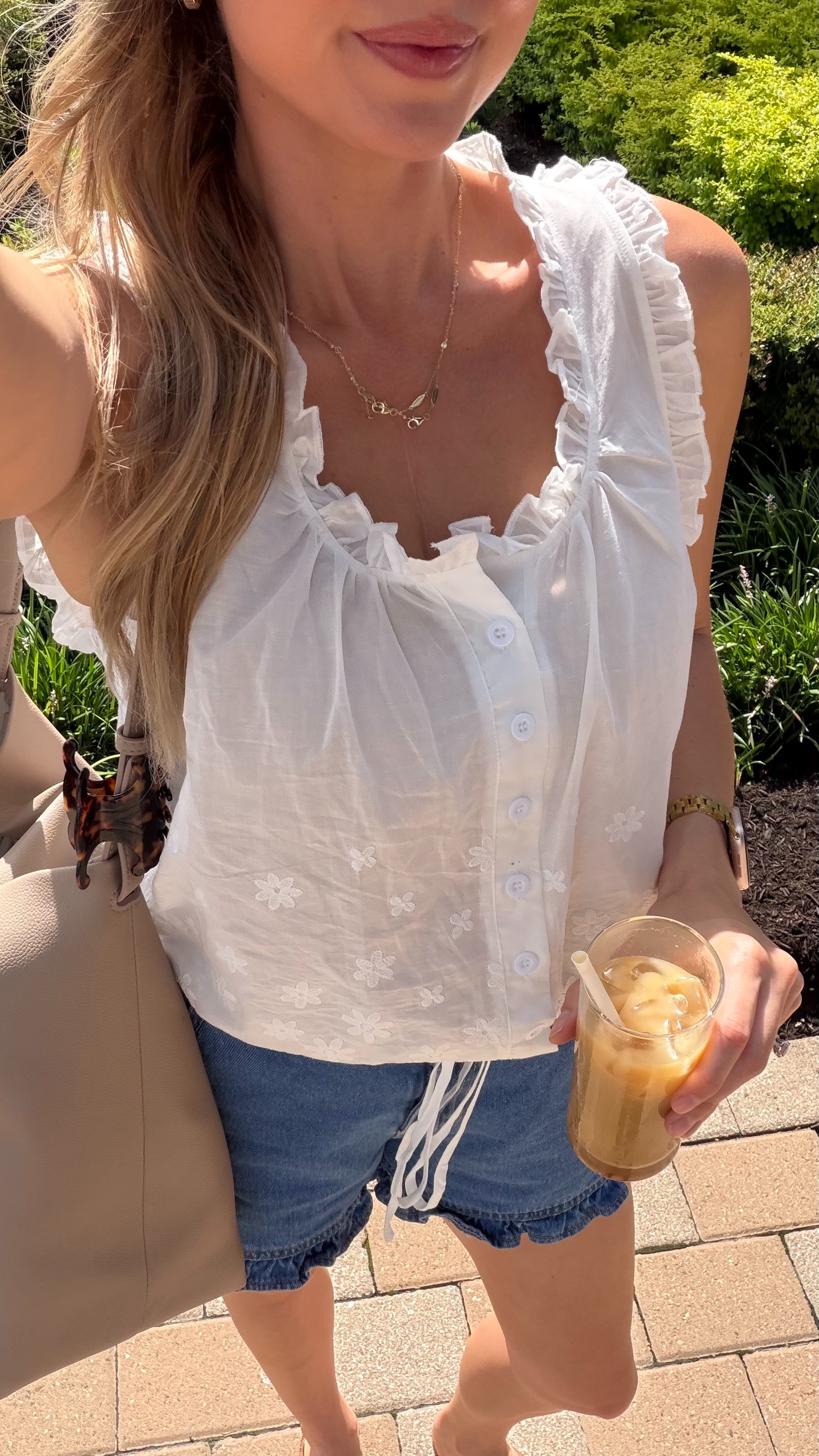Flowy nursing friendly button down tank! Wearing S in top, 2 in ruffle denim shorts 

 #LTKootd #LTKmomlife