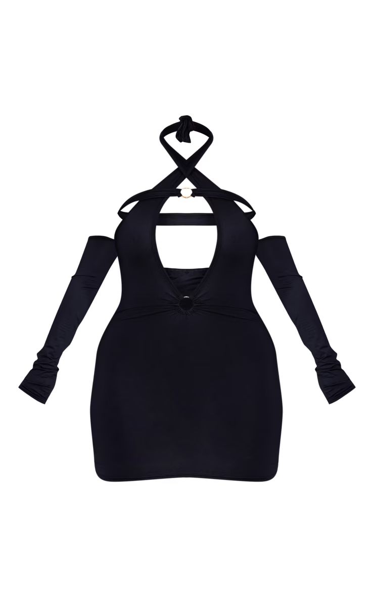 Shape Black Slinky Halterneck Ring Detail Overlay Sleeve Bodycon Dress | PrettyLittleThing US
