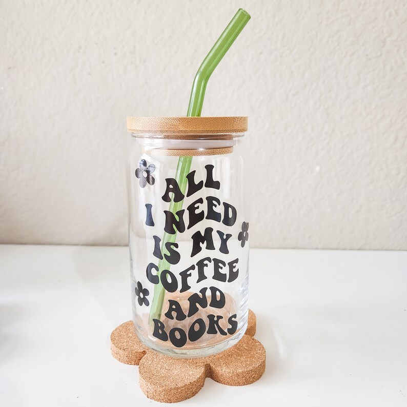 Coffee & Book Lover Glass Can Cup | Book Reader Glass Cup | Book Lover Can Glass | Aesthetic Iced... | Etsy (US)