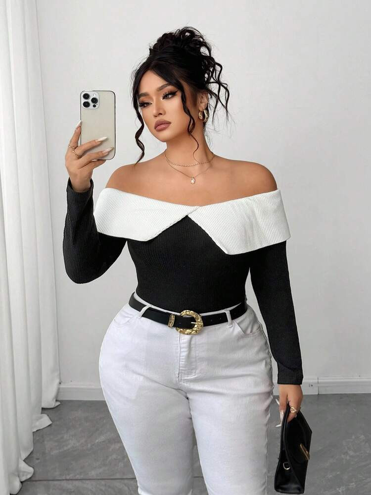 Elenzga Plus Size Simple Off Shoulder Contrast Collar T-Shirt, Embrace Your Inner Dark Feminine Fashion | SHEIN