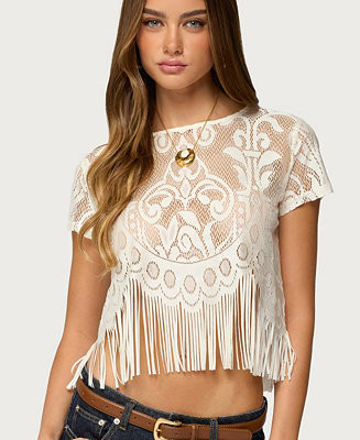 Women's Kira Sheer Lace Fringe Top | Macy's