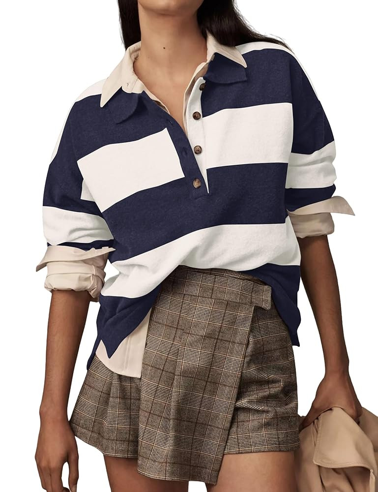 Womens Striped Sweater Shirts Lapel Polo V Neck Long Sleeve Strip Knit Pullover Casual Layer Top ... | Amazon (US)