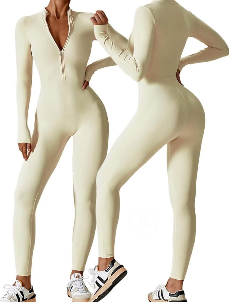 AEEZO Womens Long Sleeve Workout Jumpsuit Zip Up Yoga Rompers Sexy Tummy Control One Piece Bodyco... | Amazon (US)