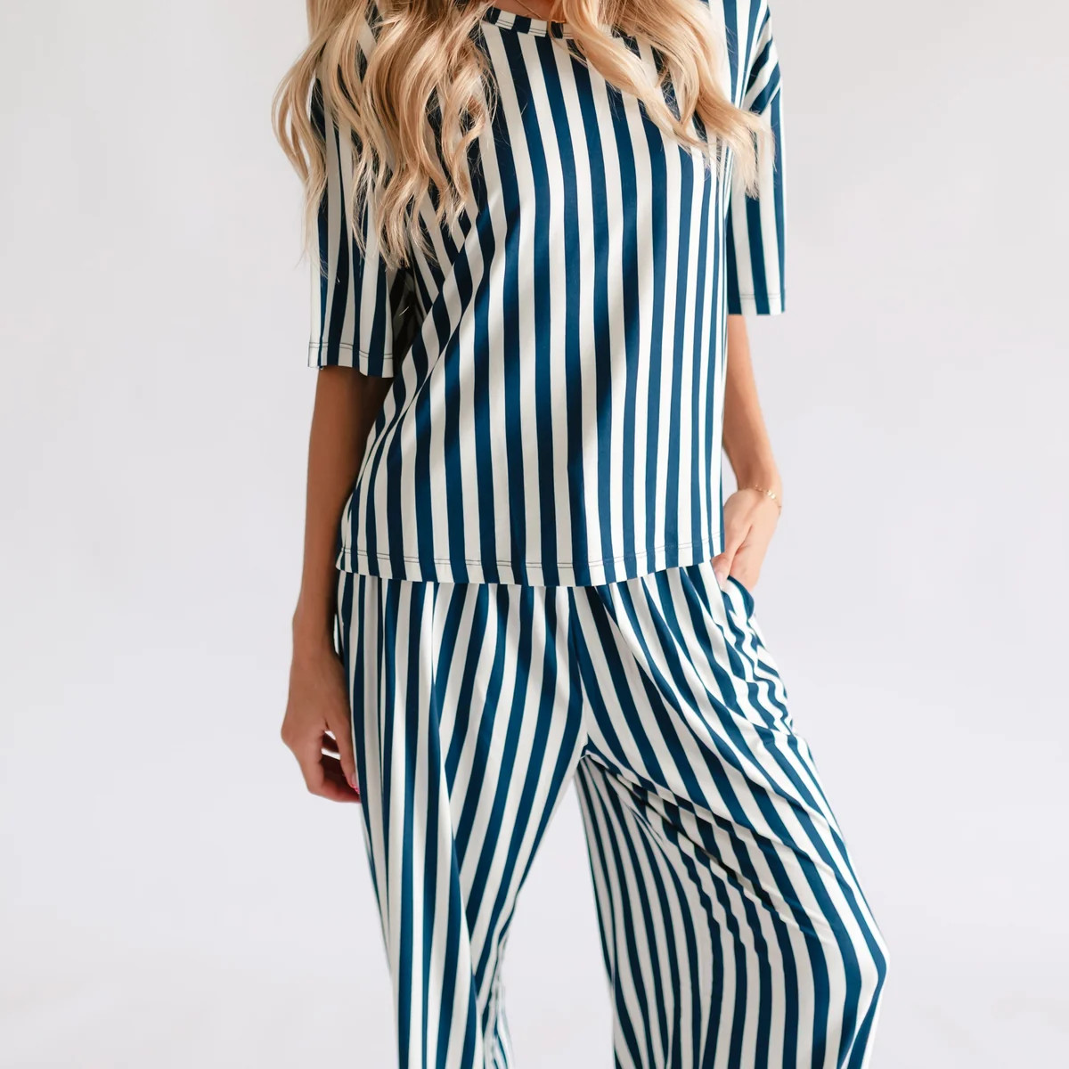 Women's T-Shirt and Pants Set in Navy and Cream Stripes | Silks Design