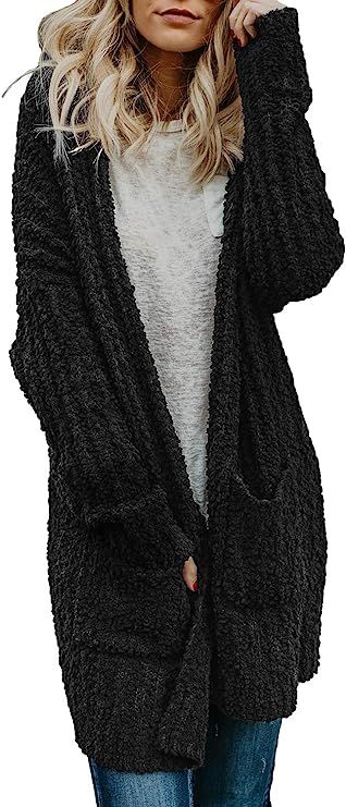 Malaven Womens Long Sleeve Popcorn Knit Open Front Long Cardigan Sweaters Coats with Pockets | Amazon (US)