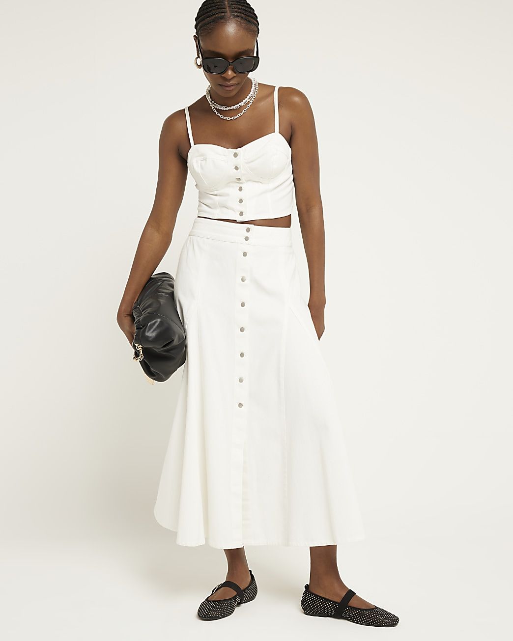 White denim button up midi skirt | River Island (UK & IE)