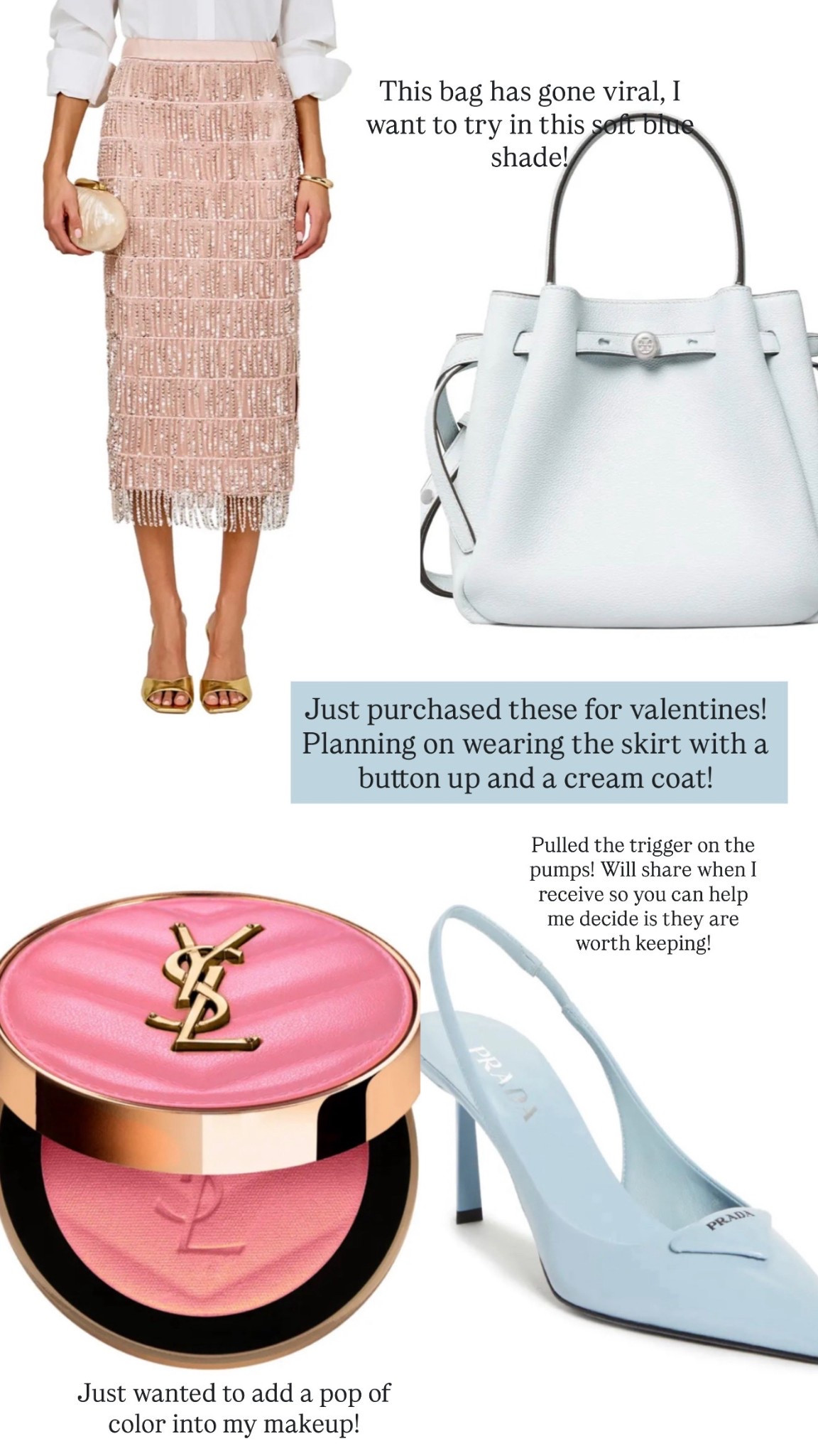Latest purchases for Valentine’s Day! I wanted to add a little pop of color into my makeup and wardrobe, couldn’t resist the Prada pumps because I wear my cream ones so much. The viral bag is so cute on Theo shade I decided to give it a try! Skirt is perfect for spring parties or as a Valentine’s Day outfit 

#LTKValentine #LTKOver40 #LTKBeauty