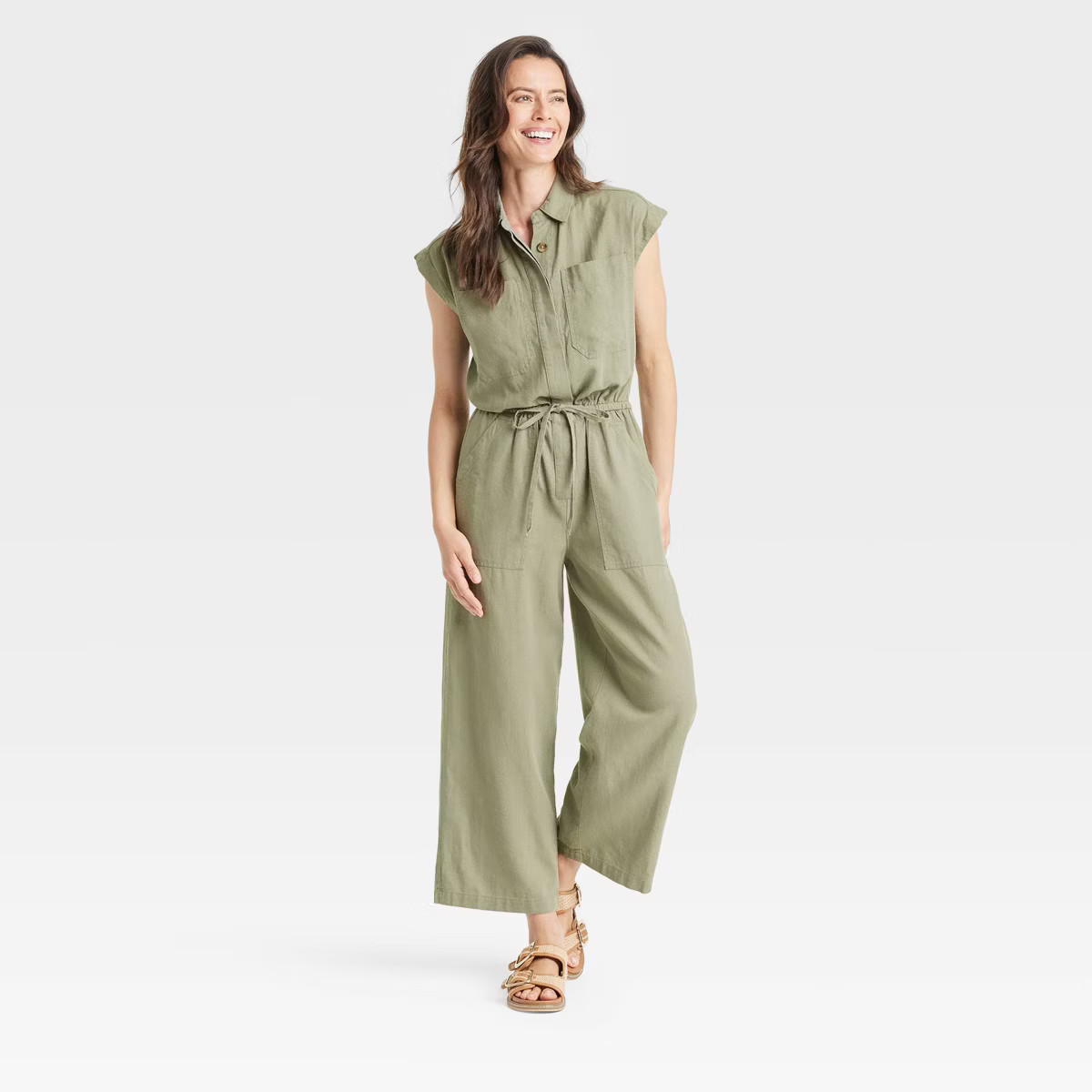 Women's Linen Jumpsuit - Universal Thread™ Olive Green 4 | Target