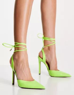 ASOS DESIGN Pally tie leg high heeled shoes in lime | ASOS (Global)