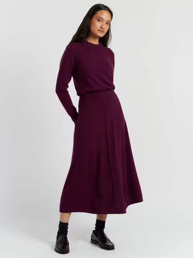 Chinti & Parker Crochet Trim Wool Rich Midi Skirt, Mulberry | John Lewis (UK)