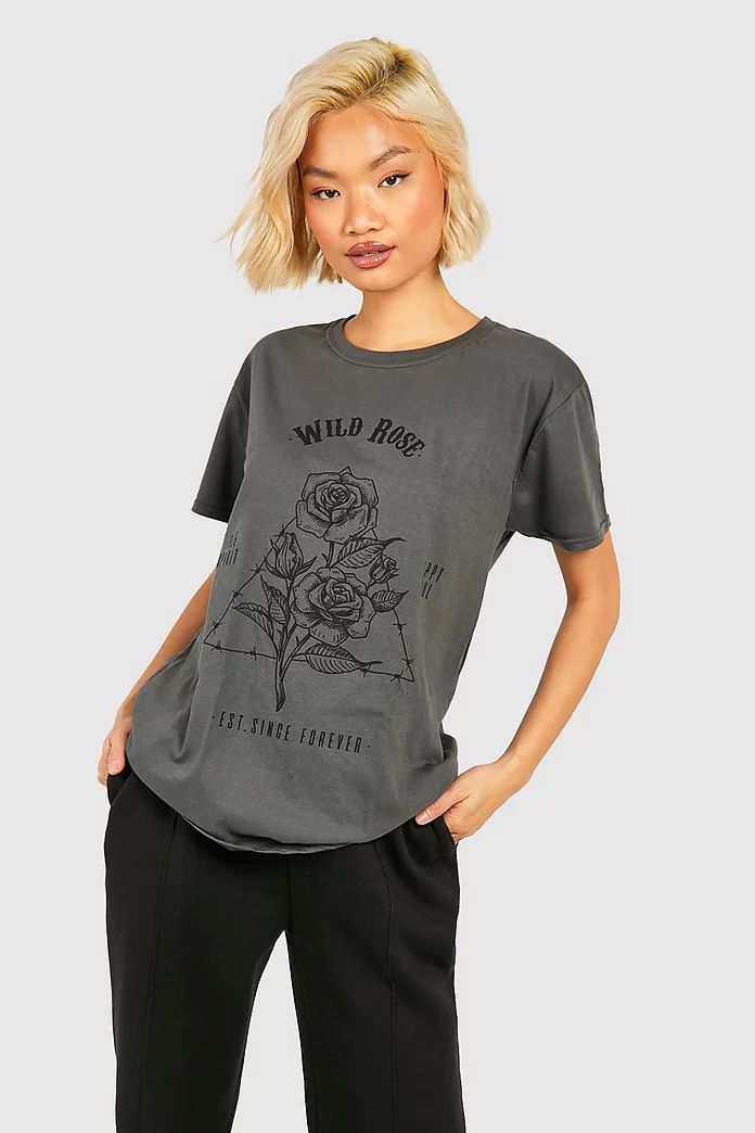 Wild Rose Acid Wash Boyfriend T-shirt | Boohoo.com (US & CA)