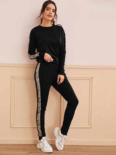 Snakeskin Print Panel Sweatshirt & Sweatpants | SHEIN