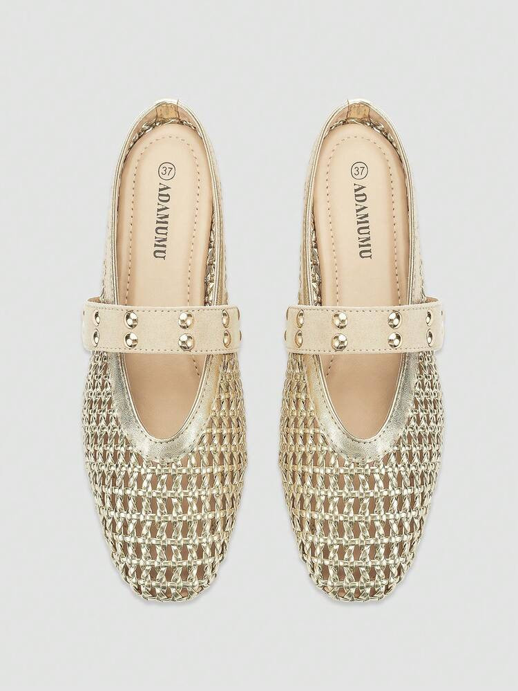 ADAMUMU New Women's Breathable PU Woven Craft Rhinestone Decor Woven Pattern Round Toe Low Vamp S... | SHEIN