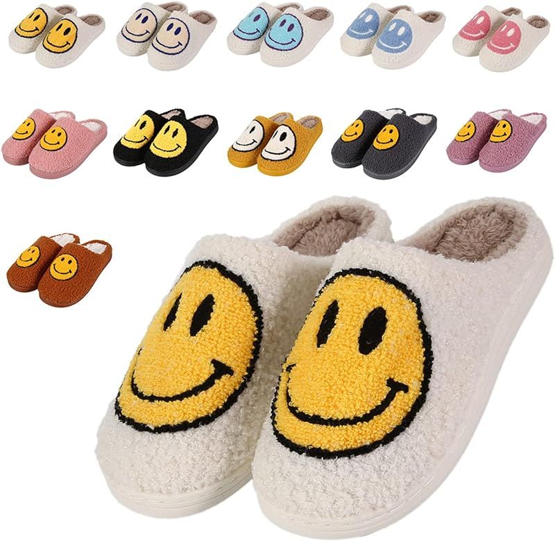 Smiley Face Slippers for Women and Men Retro Soft Fluffy Warm Home Non-Slip Couple Style Casual S... | Amazon (US)