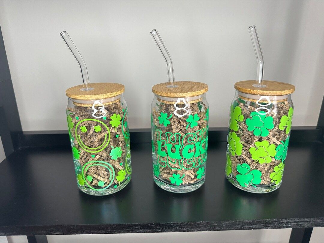 St Patricks Day Beer Can Tumblers- 16 oz, glass with Bamboo Lid and Glass Straw | Etsy (US)