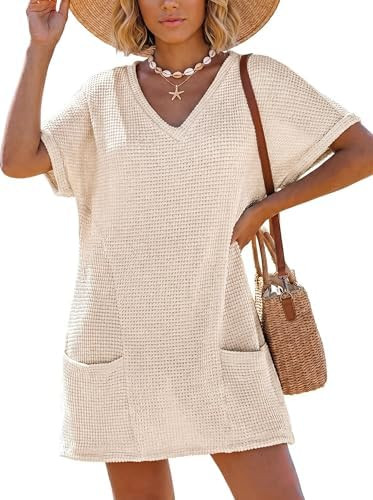 IWOLLENCE Swimsuit Coverup for Women Crochet V Neck Short Sleeve Beach Cover Up Dress with Pocket... | Amazon (US)