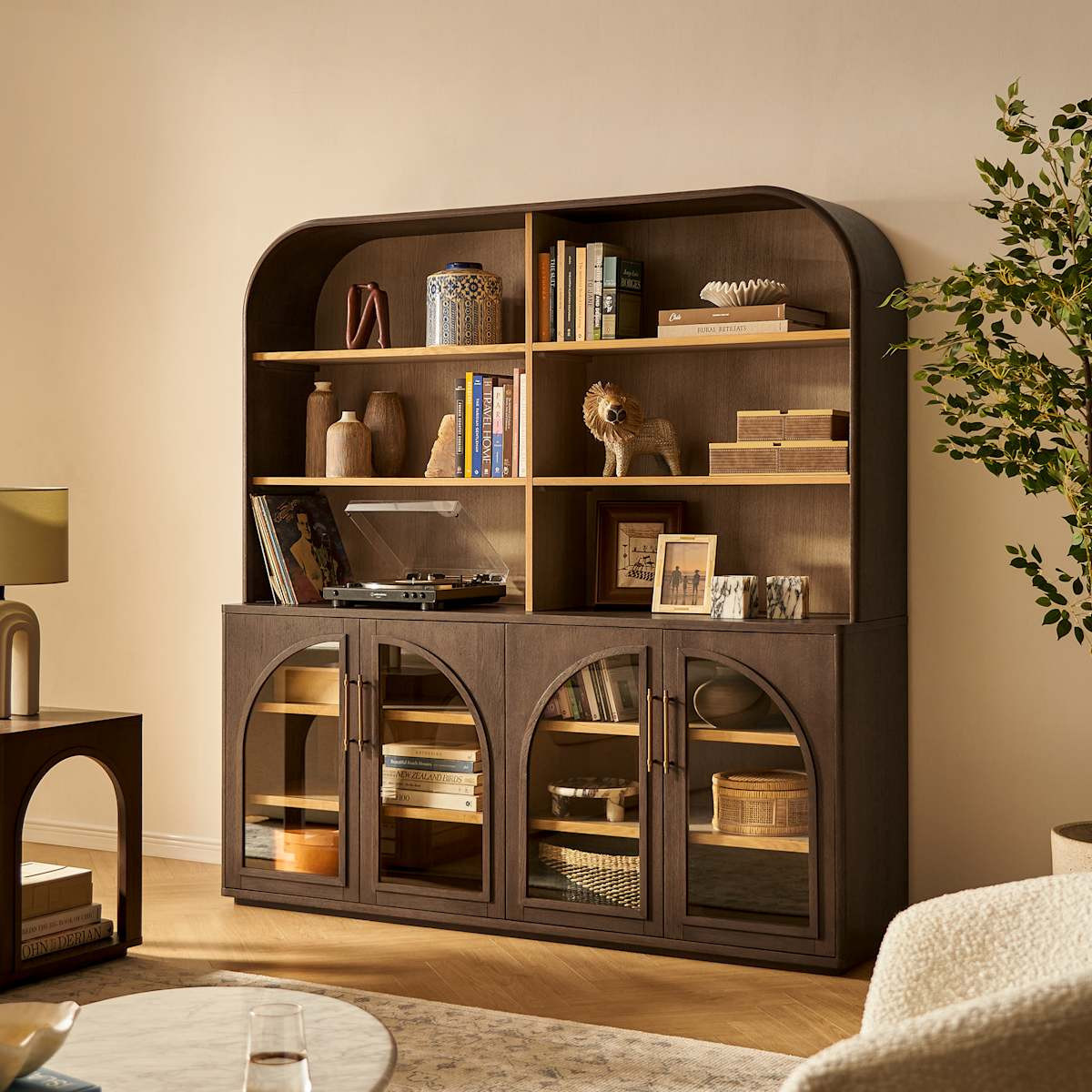 Gently Arched Small Sideboard with Large Hutch - Dark Brown | Arcadia by Castlery | Castlery US