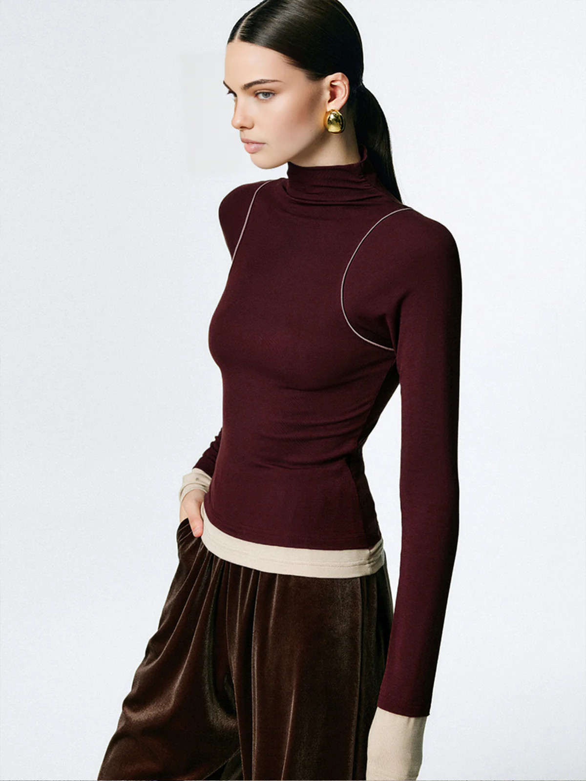 Mock Neck Contrast Binding Jersey Top | Commense