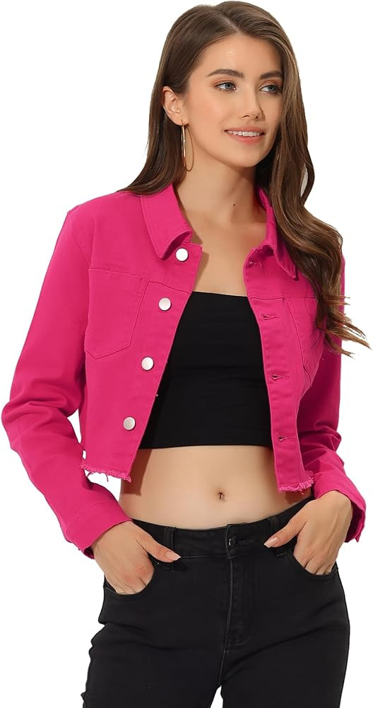 Allegra K Women's Jean Jacket Frayed Button Up Washed Cropped Denim Jacket | Amazon (US)